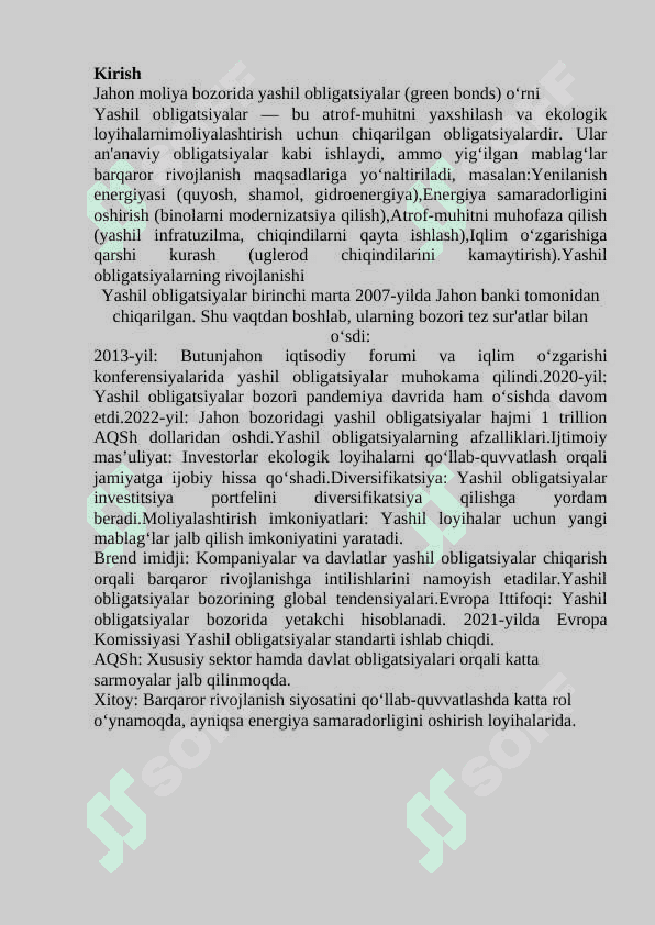 Jahon moliya bozorida “yashil             obligatsiyalar”ning o‘rni. 2