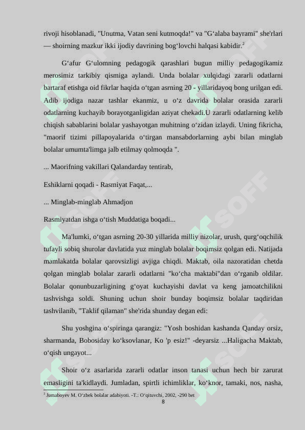 Gʻafur Gʻulom hikoyalarida satira va yumor. kurs ishi 8