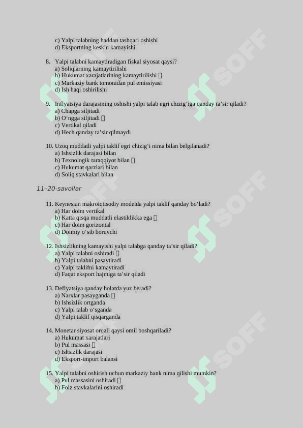 Mavzu: Yalpi talab yalpi taklif modeli. TEST JAVOBLARI BILAN 2