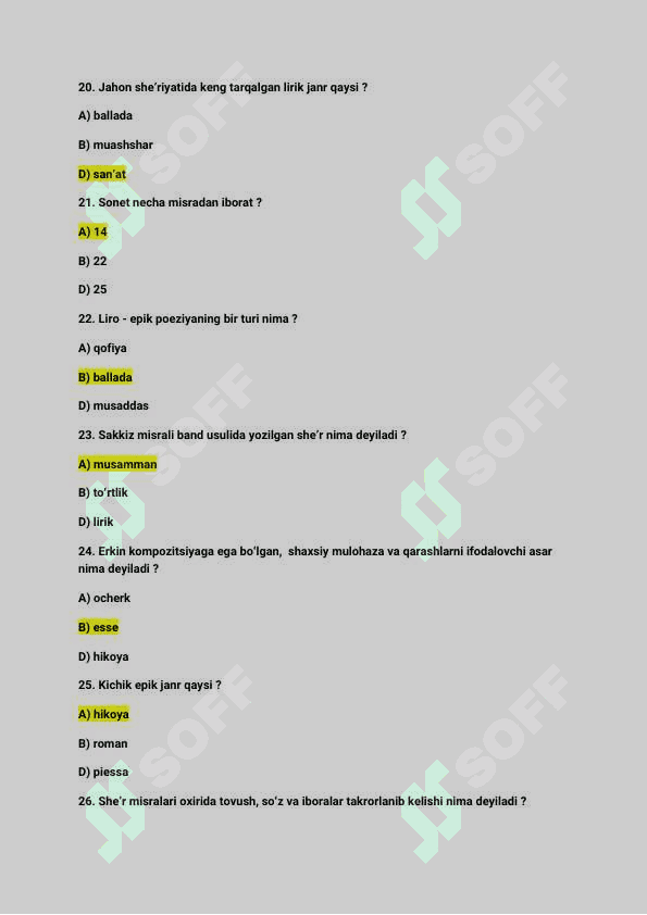 Adabiyot fanidan / Test savollar / Javoblari bilan 4