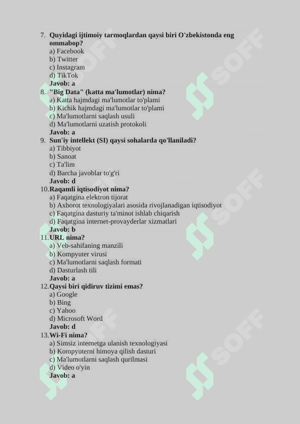 internet olami va axborot texnologiyalar test 2