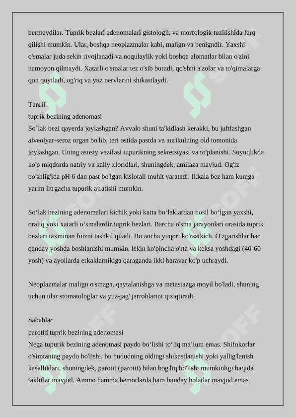 So`lak bezi o`smalari.monomorf adenoma. Polimorf  adenoma,mukoepidermoid o`sma. 4