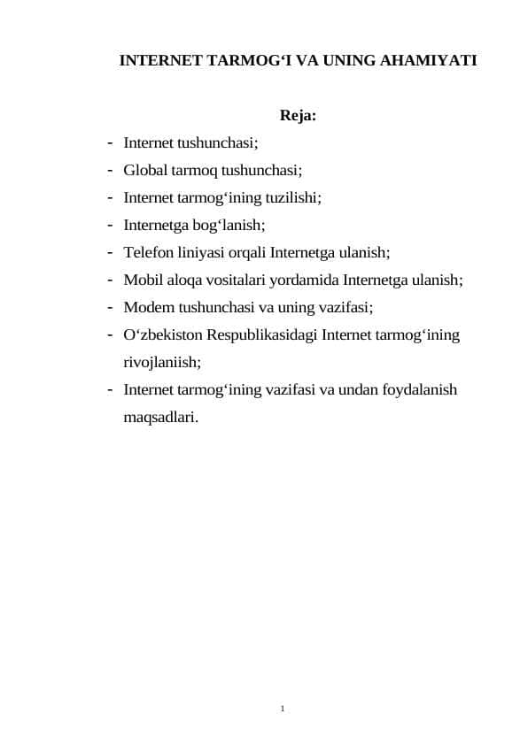 INTERNET TARMOG‘I VA UNING AHAMIYATI