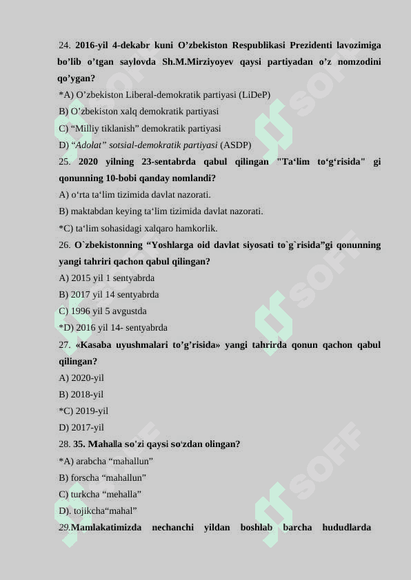 Test O’zbekistonning eng yangi tarixi 6