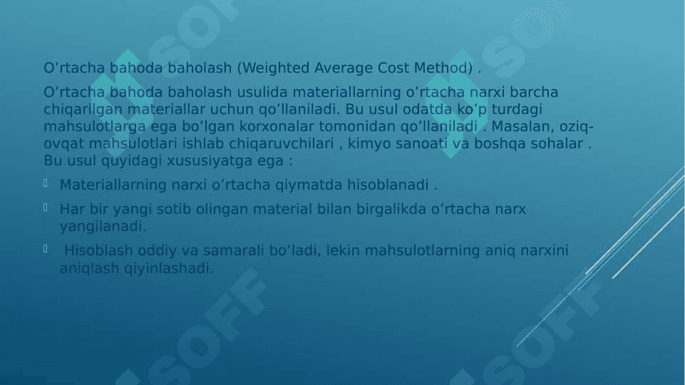 Materiallarni donalab baholash, o’rtacha bahoda, Fifo va boshqa usullarda baholab sarflashni hisobda aks ettirish 5