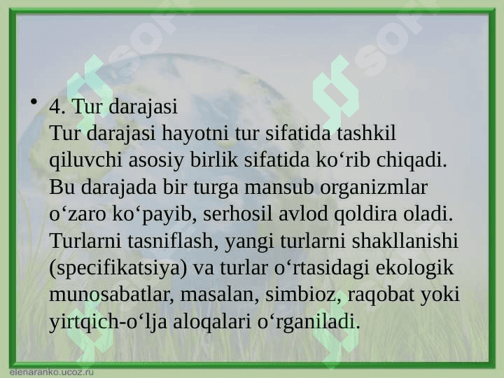 Hayotning molekulyar, genetik, populyatsiya va tur darajalari 4