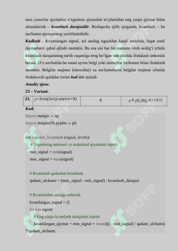 Davriy signallarni spektrlarini tadqiq etish (diskretlash, kvantlash va kodlash) 23-variant 3