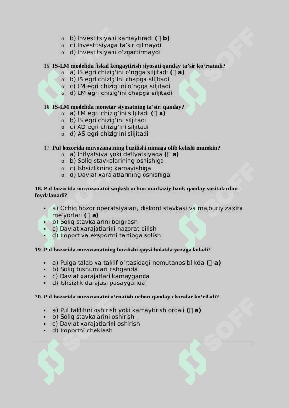 Mavzu:  Pul bozorida muvozanat . TEST JAVOBLARI BILAN 3