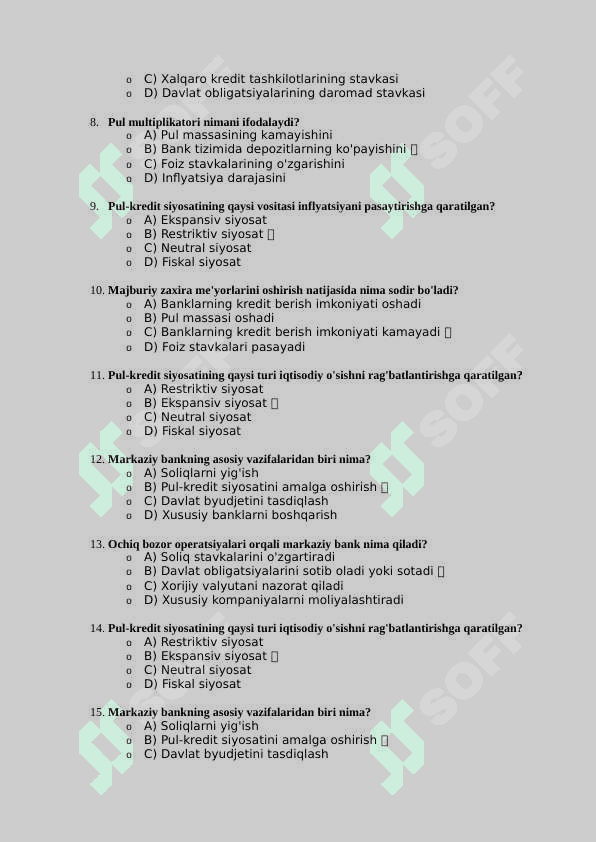 Mavzu:  Pul kredit siyosati. Test javoblari bilan 2