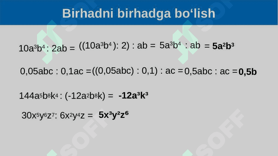 Birhad va ko‘phadni birhadga bo‘lish 7-sinf algebra 3