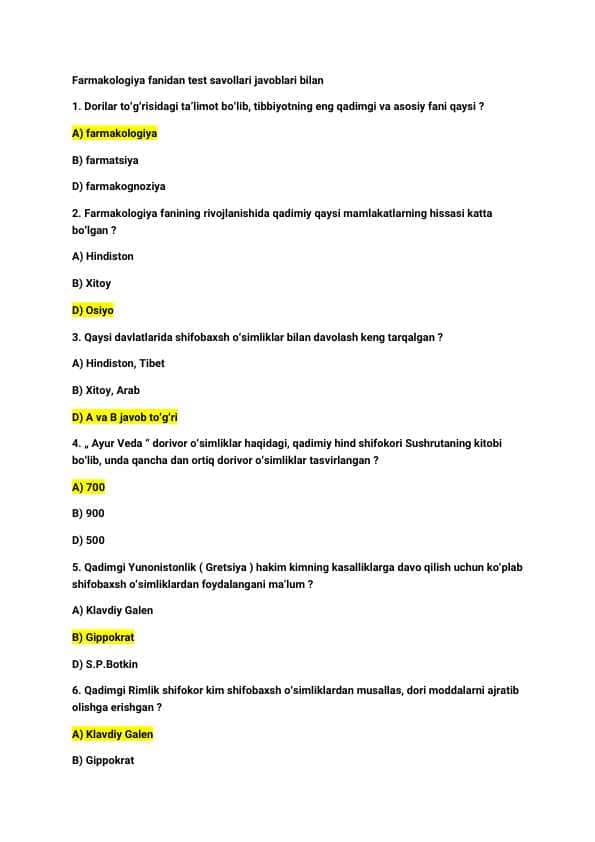 Tibbiyot | Farmakologiya | test savollari javoblari bilan | 28 ta test