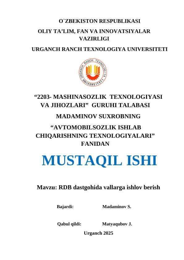 RDB dastgohida vallarga ishlov berish