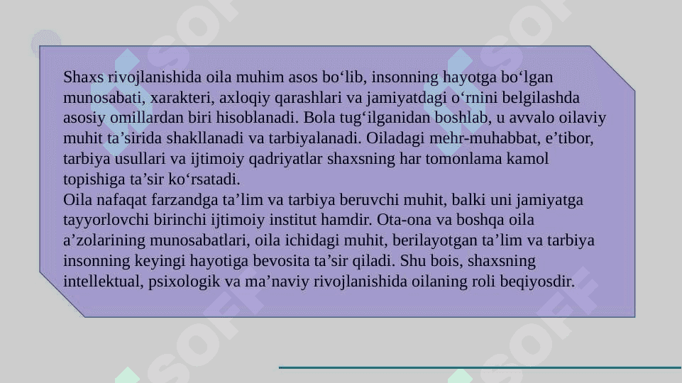 Shaxs rivojlanishida oilaning o’rni. SLAYD 3