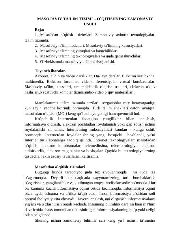 MASOFAVIY TA'LIM TIZIMI – O`QITISHNING ZAMONAVIY USULI