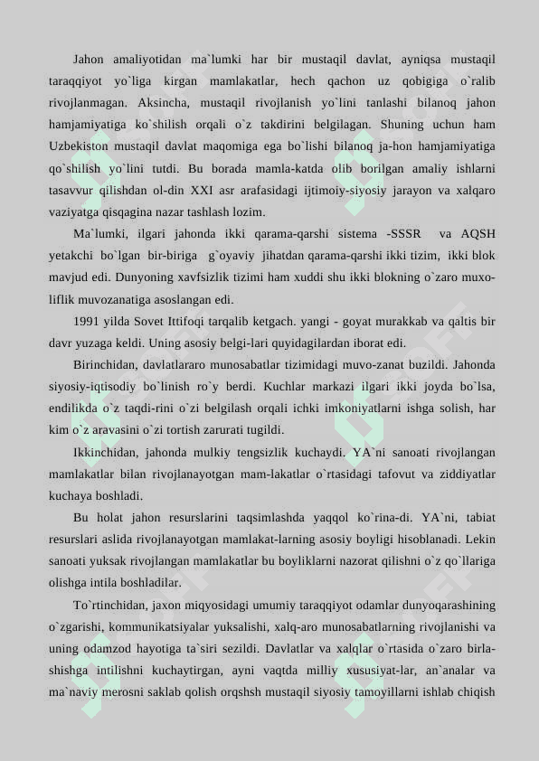 O`zbekiston Respublikasining jahon hamjamiyatiga qo`shilishi 2