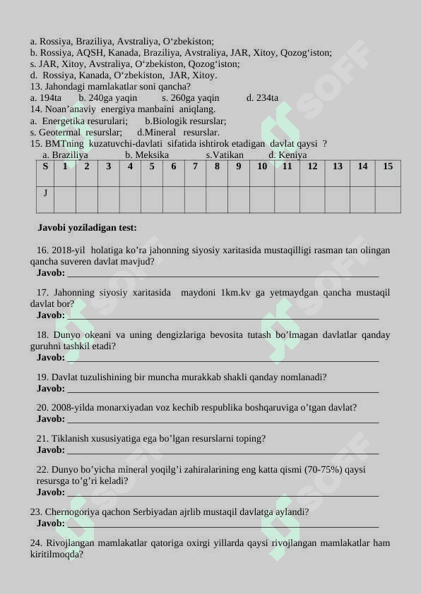 9-sinf geografiya nazorat ishi 3
