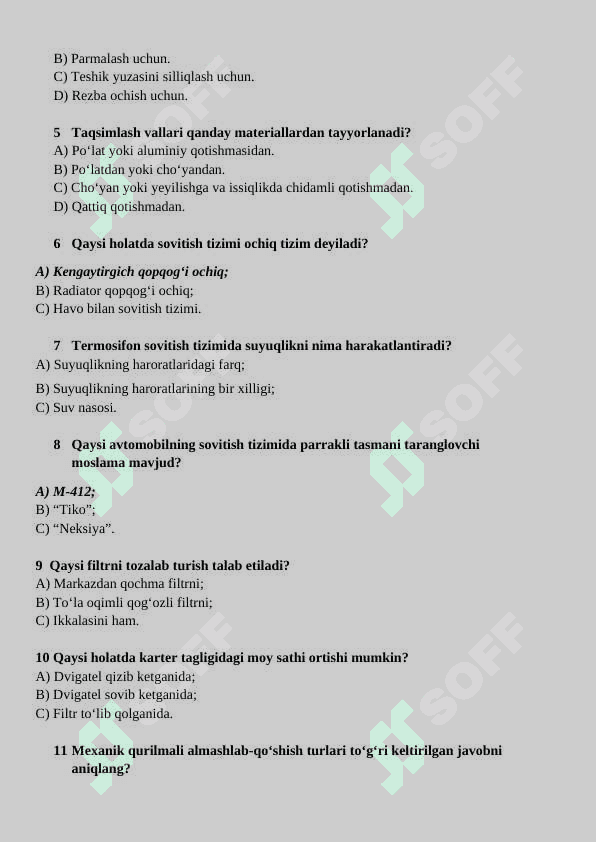 AVTOMOBIL TUZILISHI TEST 3