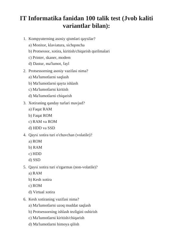 IT Informatika fanidan 100 talik test