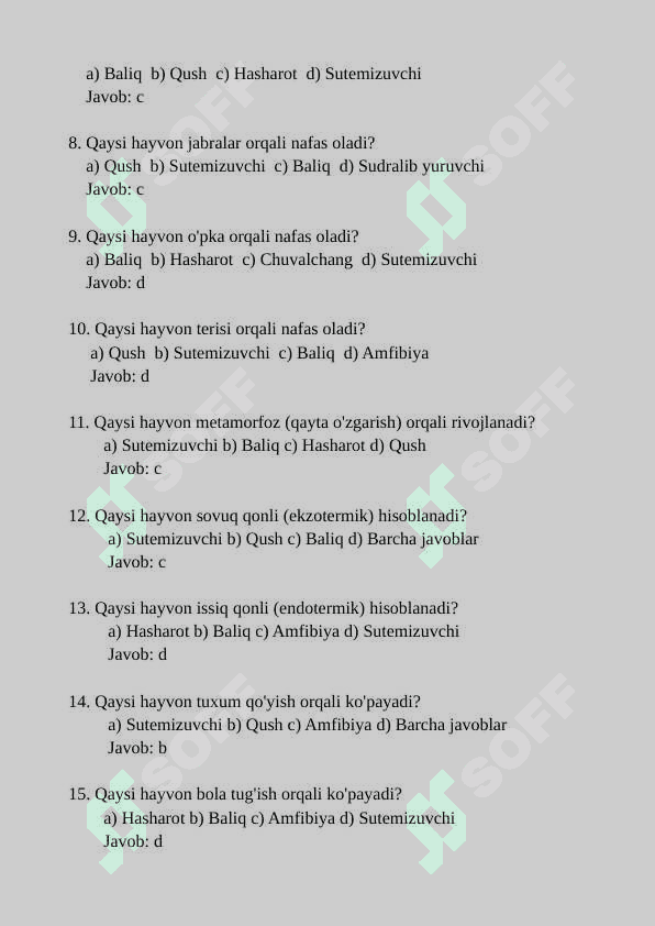 ZOOLOGIYA FANIDAN 100TA TEST 2