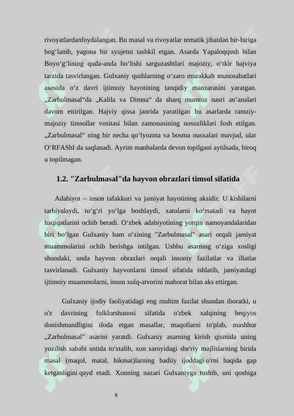 Gulxaniyning  Zarbulmasal da timsol yaratish mahorati. 8