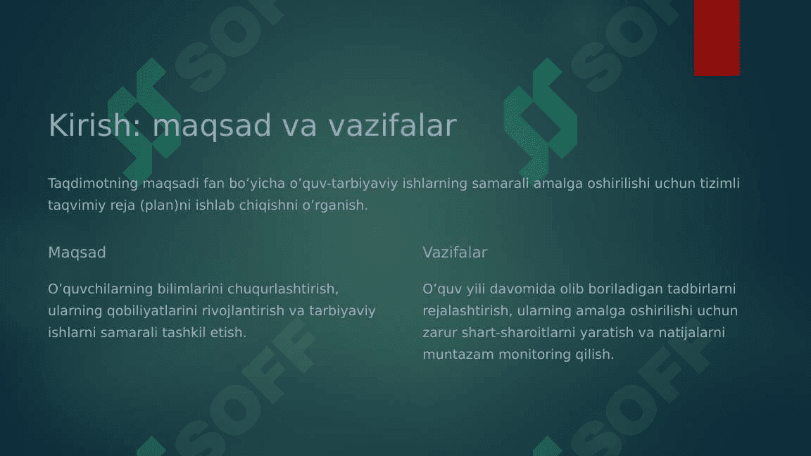 Fan bo’yicha o’quv-tarbiyaviy ishlarning taqvimiy rejasi 2