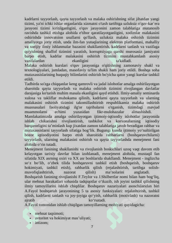 O‘ZBEKISTON RESPUBLIKASIDA TA’LIM FAOLIYATINI TASHKIL ETISH VA UNING NAZORATINI AMALGA OSHIRISH 7