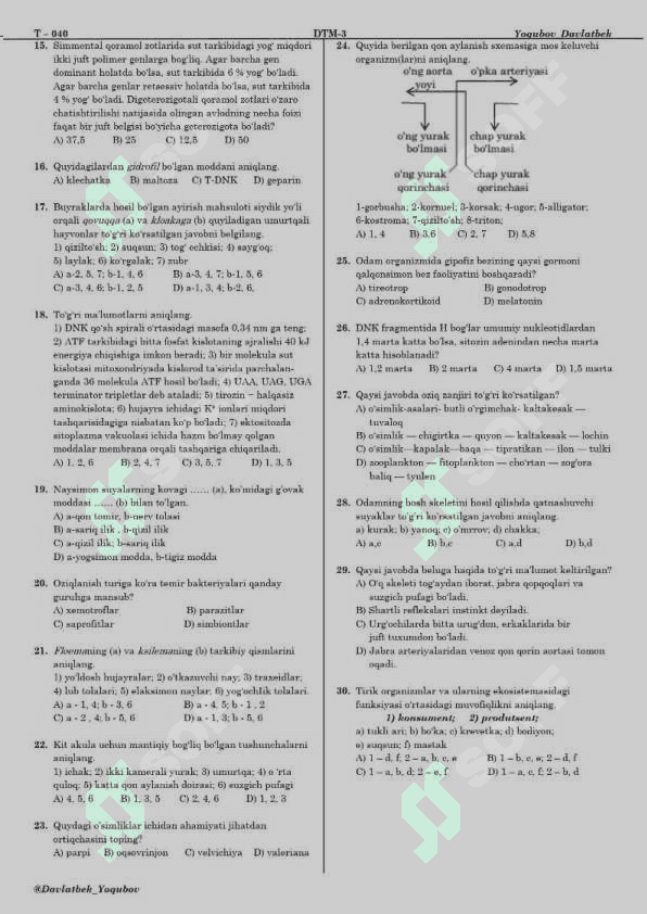 Biologiyaga oid umumiy testlar 2