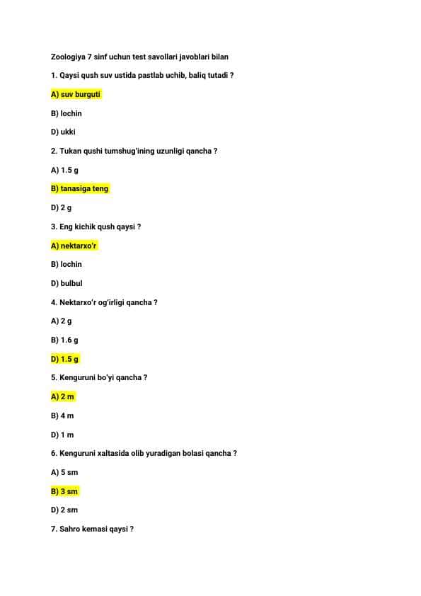 Zoologiya / 7-sinf uchun / test savollari / javoblari bilan / 25 ta test
