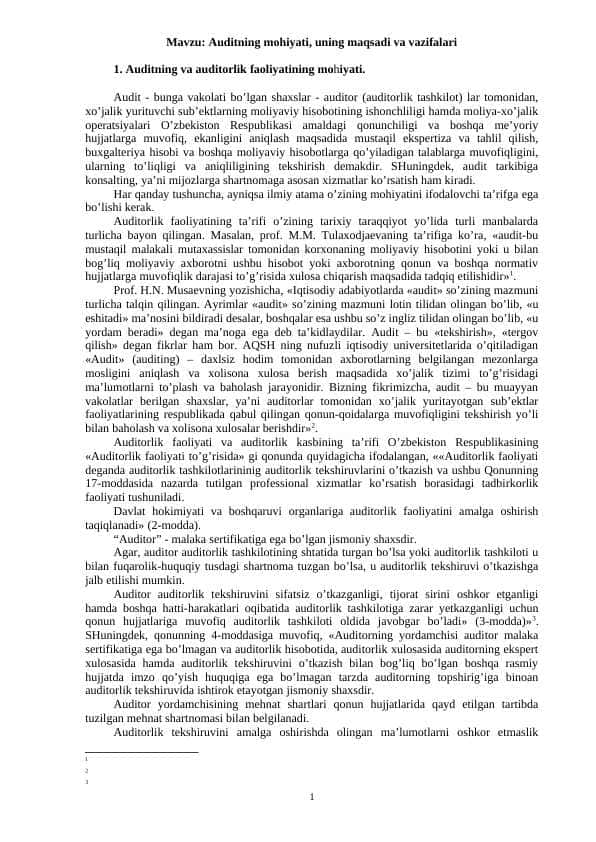 Auditning mohiyati, uning maqsadi va vazifalari