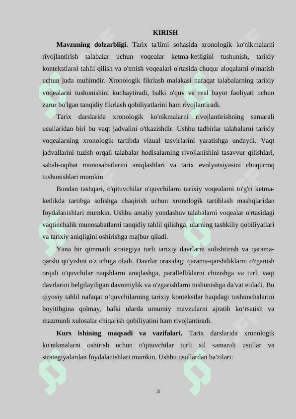 Tarix darslarida xronologik ko'nikmalarni shakllantirish usullari kurs ishi namuna 3