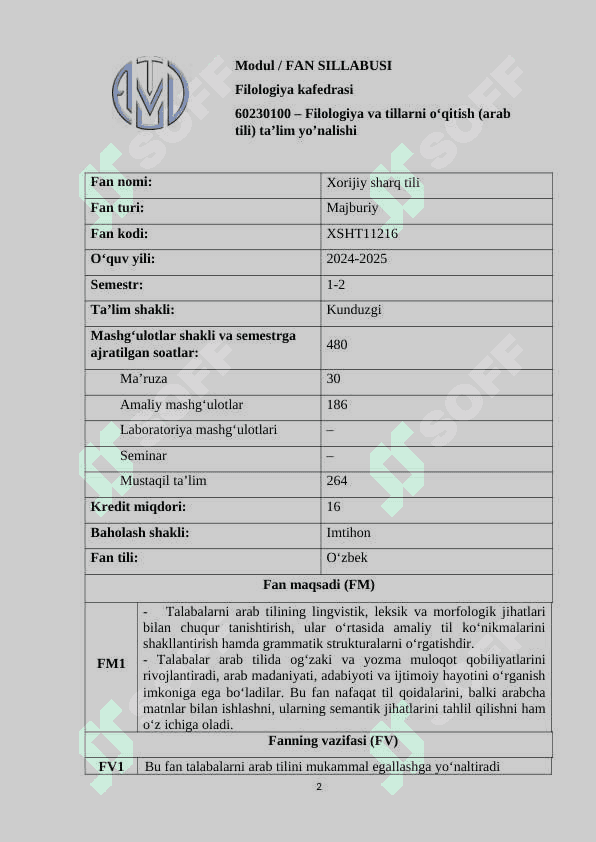 Sillabus Xorijiy sharq tili (arab tili) 2