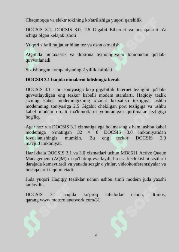 DOCSIS;  Internetga kabelli bog'lanish uchun  kanalli  darajadagi bayonnoma 4