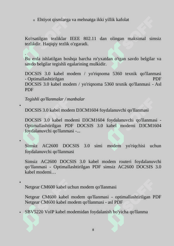 DOCSIS;  Internetga kabelli bog'lanish uchun  kanalli  darajadagi bayonnoma 8