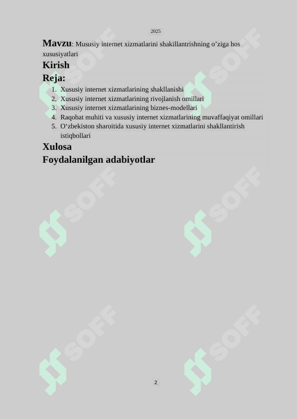 Mavzu: Mususiy internet xizmatlarini shakillantrishning o’ziga hos xususiyatlari 2