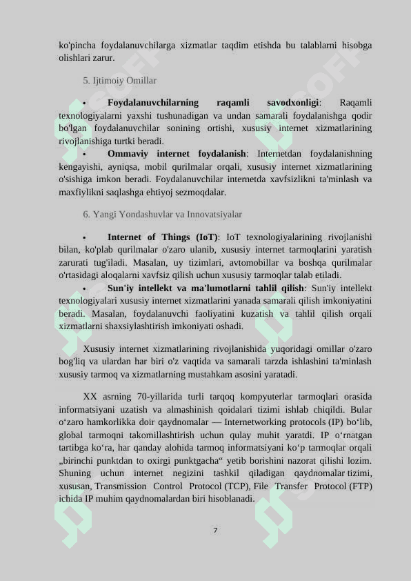 Mavzu: Mususiy internet xizmatlarini shakillantrishning o’ziga hos xususiyatlari 7