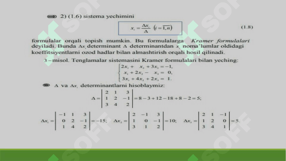 Chiziqli tenglamalar sistemasi Kramer va Gauss usullarida yechish 3