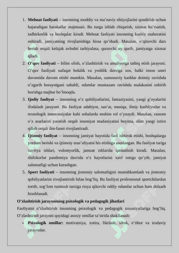 Faoliyatning o‘zlashtirilishi va malakalarni egallash 5