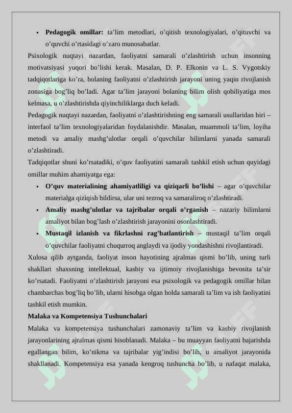 Faoliyatning o‘zlashtirilishi va malakalarni egallash 6