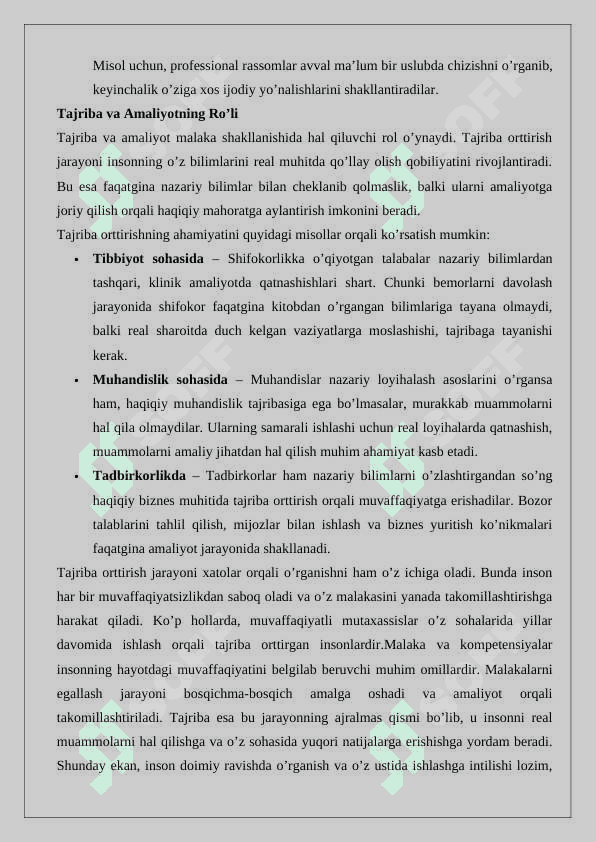 Faoliyatning o‘zlashtirilishi va malakalarni egallash 8