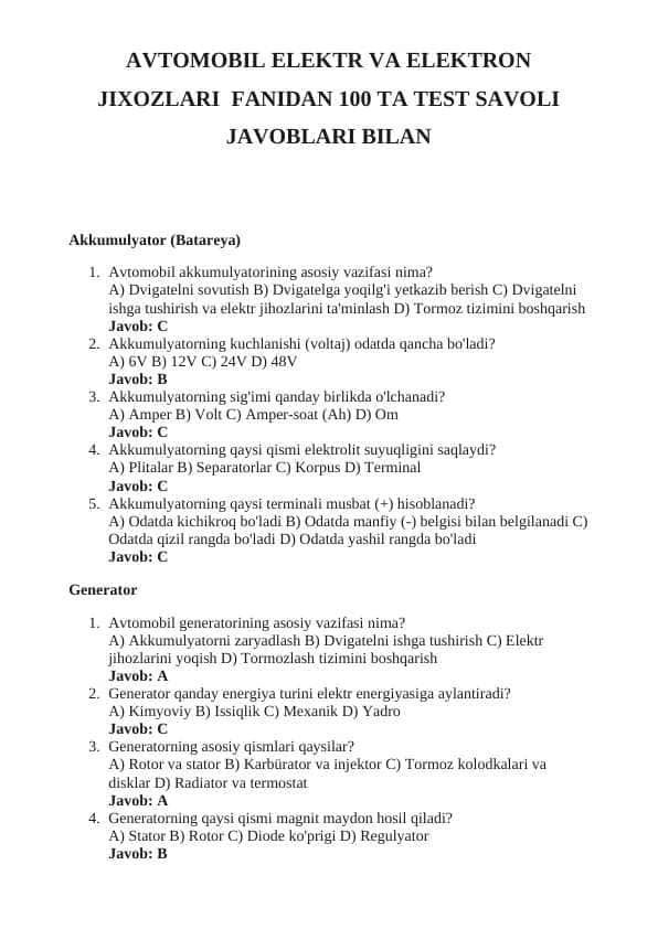 AVTOMOBIL ELEKTR VA ELEKTRON JIXOZLARI  FANIDAN 100 TA TEST