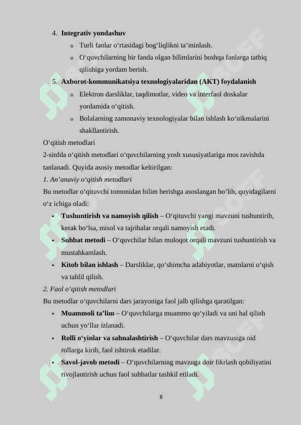 O‘QUV DASTURI TAHLILI. (2-SINF KESIMIDA) 8