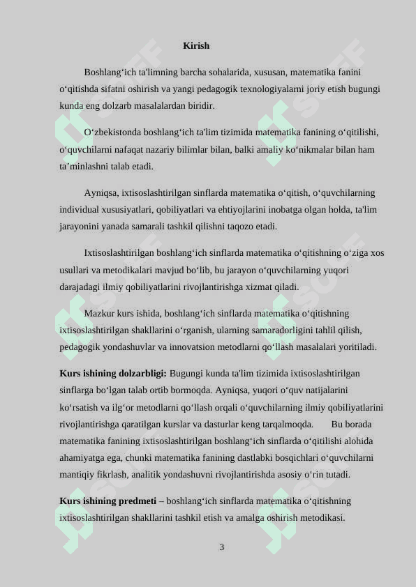 IXTISOSLASHTIRILGAN 	BOSHLANG’ICH 	SINFLARDA 	MATEMATIKA 	O’QITISH 3