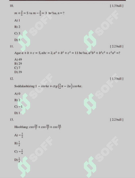Matematika milliy sertifikat testlar 4