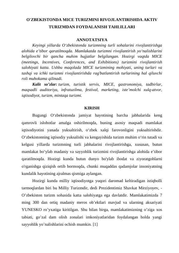 O'ZBEKISTONDА MICE TURIZMINI RIVOJLАNTIRISHDА АKTIV TURIZMDАN FOYDАLАNISH TАHLILLАRI