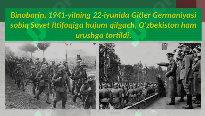 GITLER GERMANIYASI USTIDAN QOZONILGAN G`ALABAGA O`ZBEKISTONNING QO`SHGAN HISSASI 3