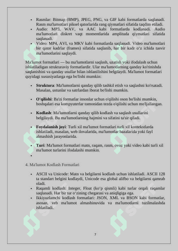 Ma’lumotlar formatlari va turlari hamda kompyuterda aks ettirilishi 7