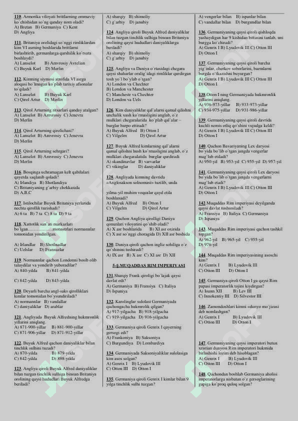 7-sinf Jahon tarixi mavzulashtirilgan testlar 4