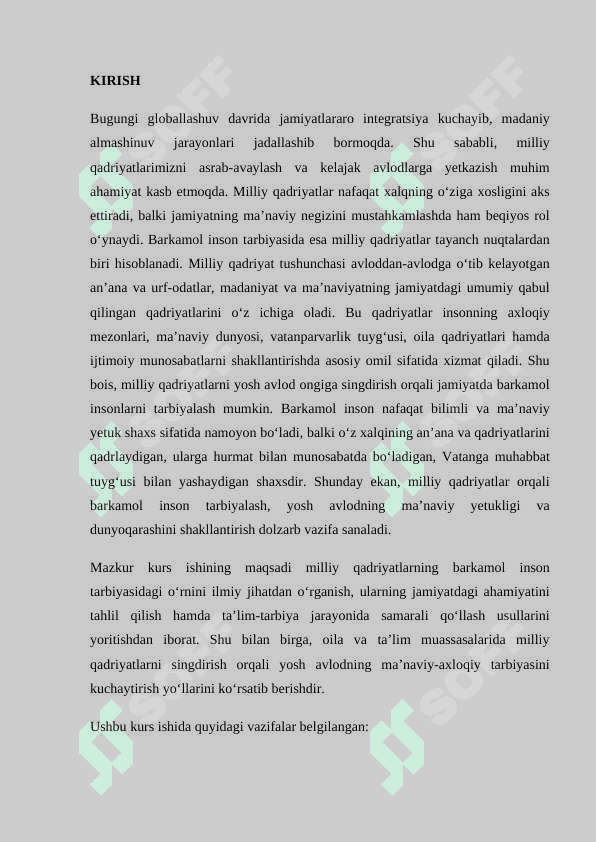 Milliy qadriyatning barkamol insonni tarbiyalashdagi oʻrni  KURS ISHI 2