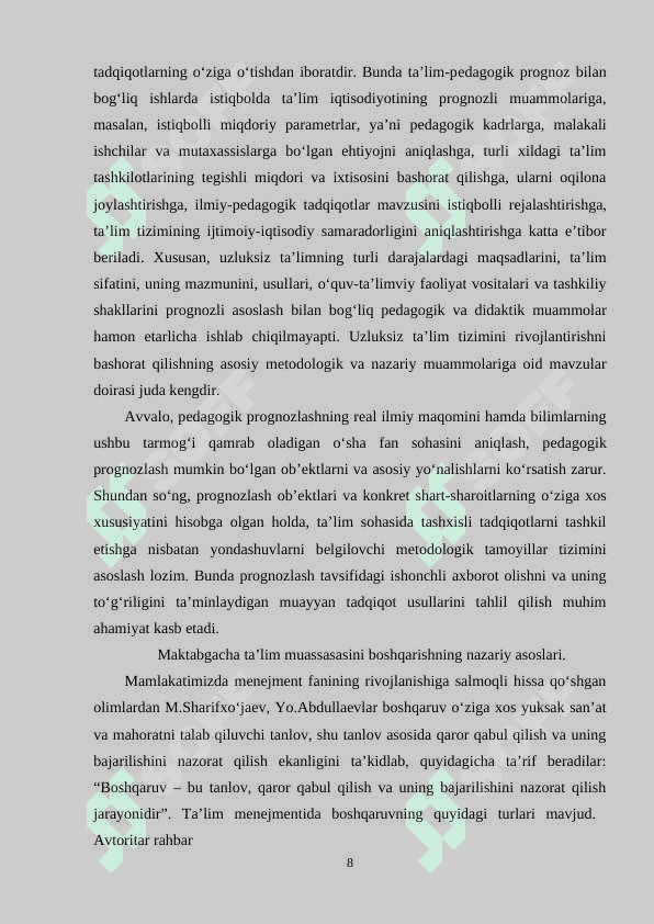 Ta’lim muassasalarida tashkilotning asosiy maqsadini shakllantirish va tashkil etish yo‘llari 8
