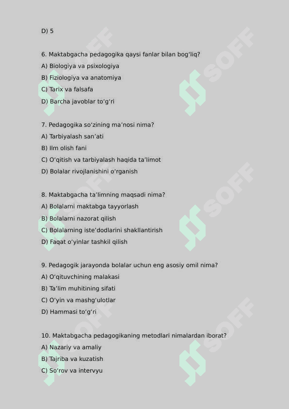Maktabgacha pedagogika || Test 2